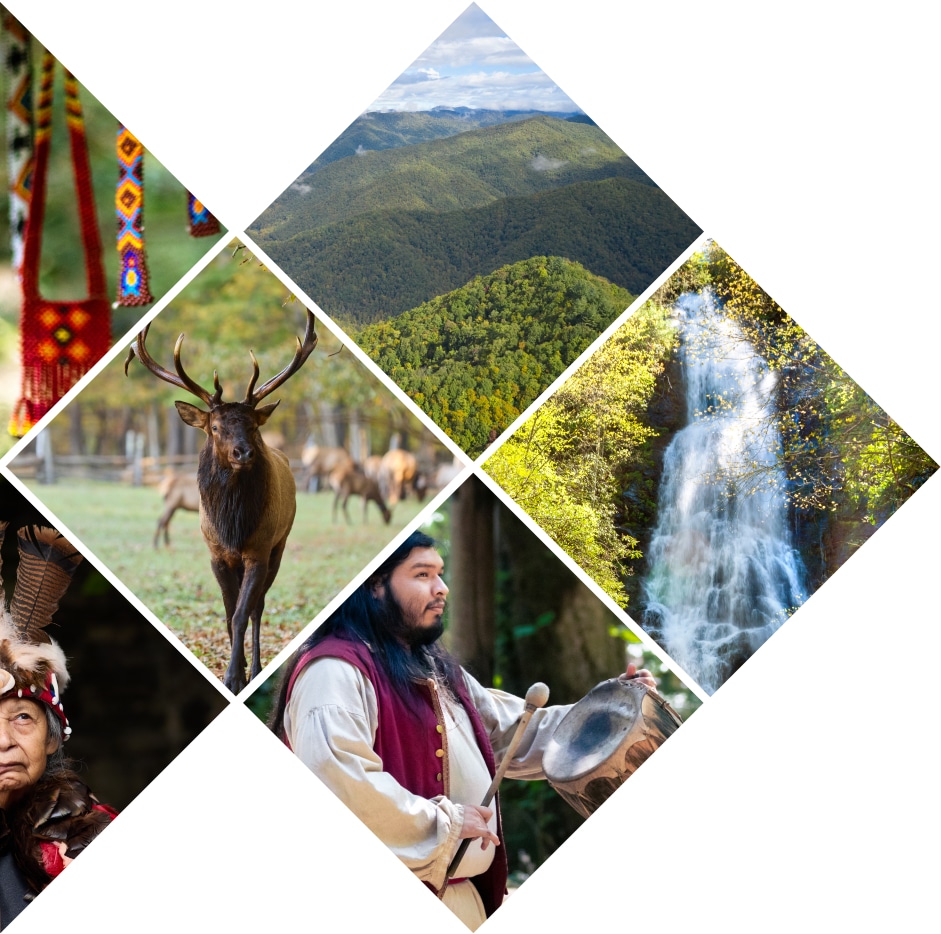 Collage of six images featuring diverse elements: a colorful woven blanket , lush green mountains, a majestic stag, an elaborately dressed historical reenactor, and a serene waterfall surrounded