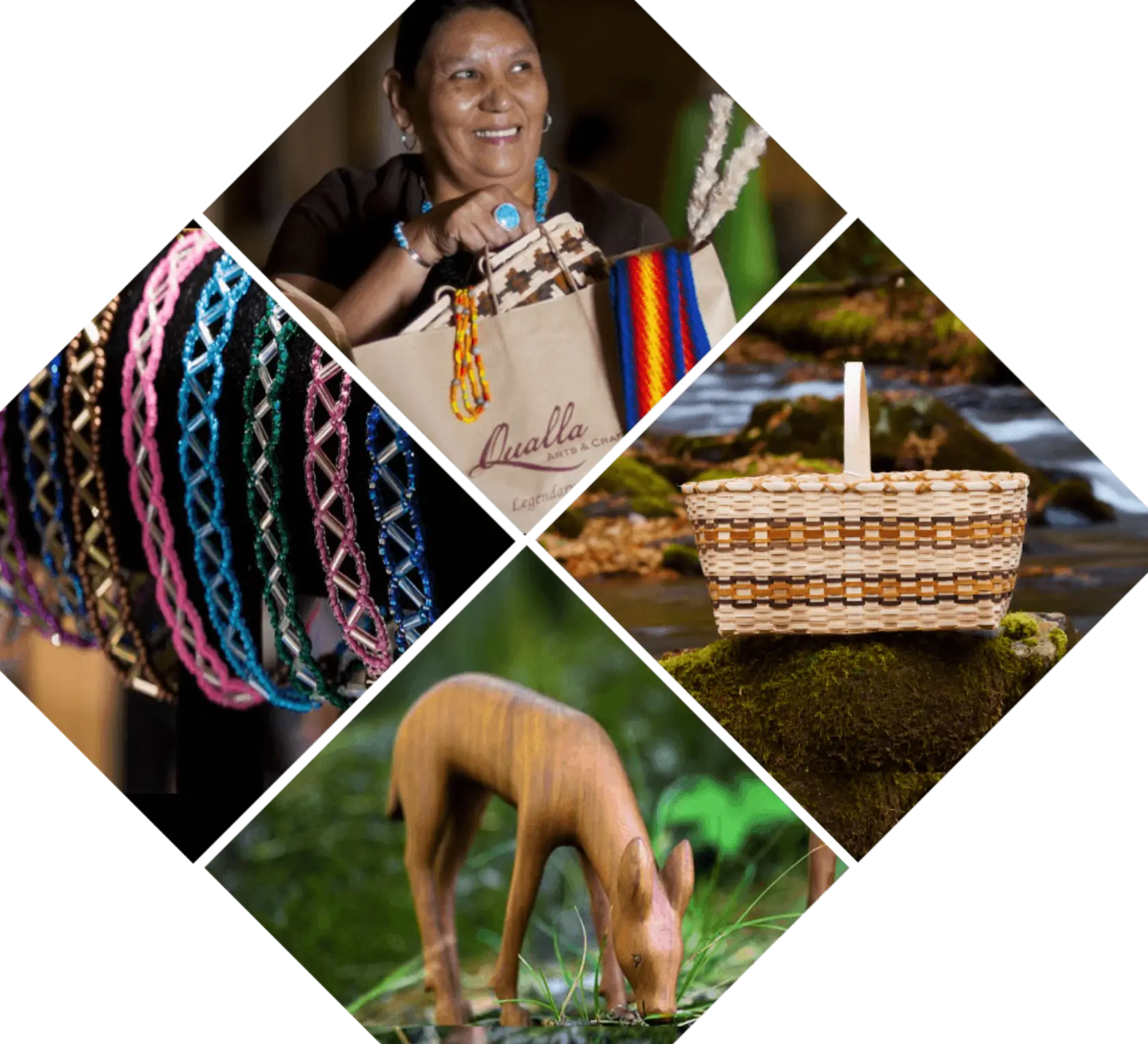 A collage of four images: a smiling woman holding colorful handcrafted bags, a detailed handmade basket on a rock by water, and a wooden carving of a deer in a natural setting.
