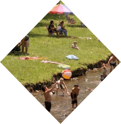 People enjoying a sunny day at Cherokee Island Park with a swimming area. Some are wading and swimming in the water, while others relax on the grass and under umbrellas.
