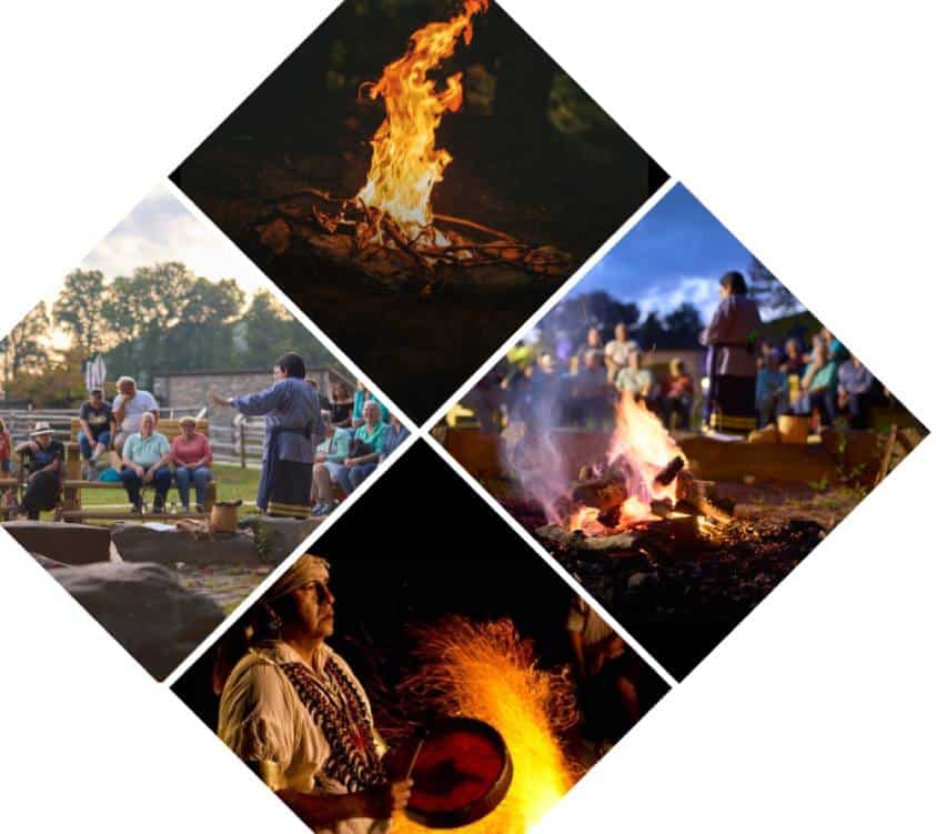 Collage of cultural outdoor activities: top shows a bright bonfire, bottom left features a man in traditional attire performing with fire, and the right images depict people gathered around a fire pit and observing a