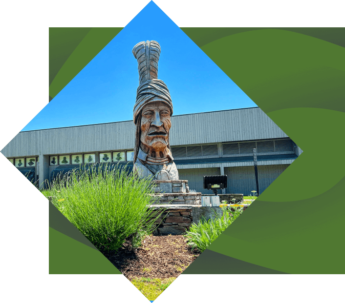 A large wooden statue of a native american chief stands in front of an industrial building, surrounded by green shrubs under a clear blue sky.