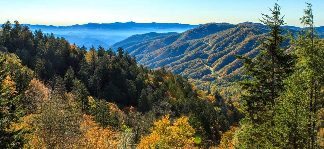 Panoramic view of the Smoky Mountains in autumn, showcasing layers of hills covered in colorful foliage under a clear blue sky.