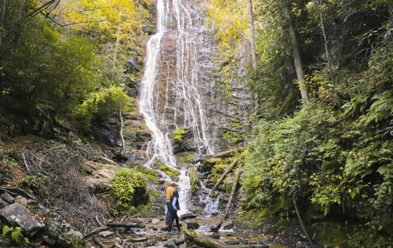 Image of hikers at Mingo Falls in Cherokee