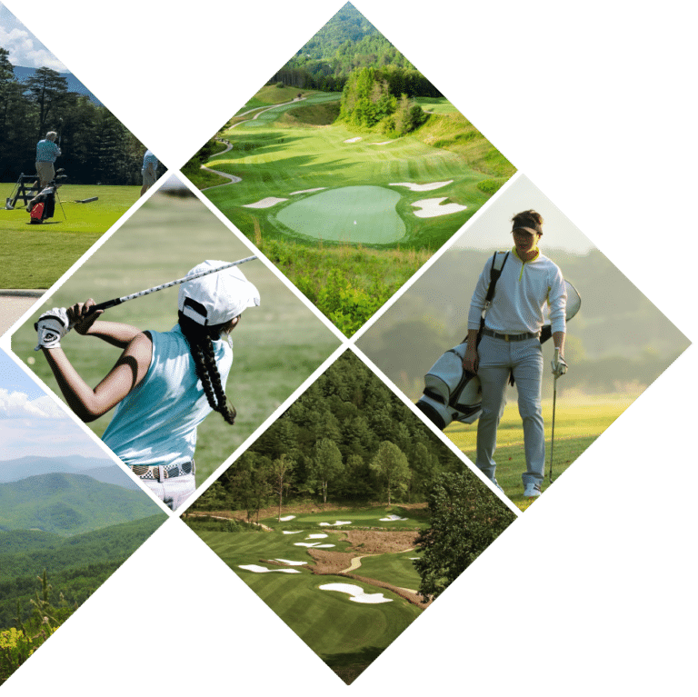 Collage of golf-themed attractions featuring players in action, a scenic golf course with lush greens and ponds, and a golfer carrying a bag walking across a field.