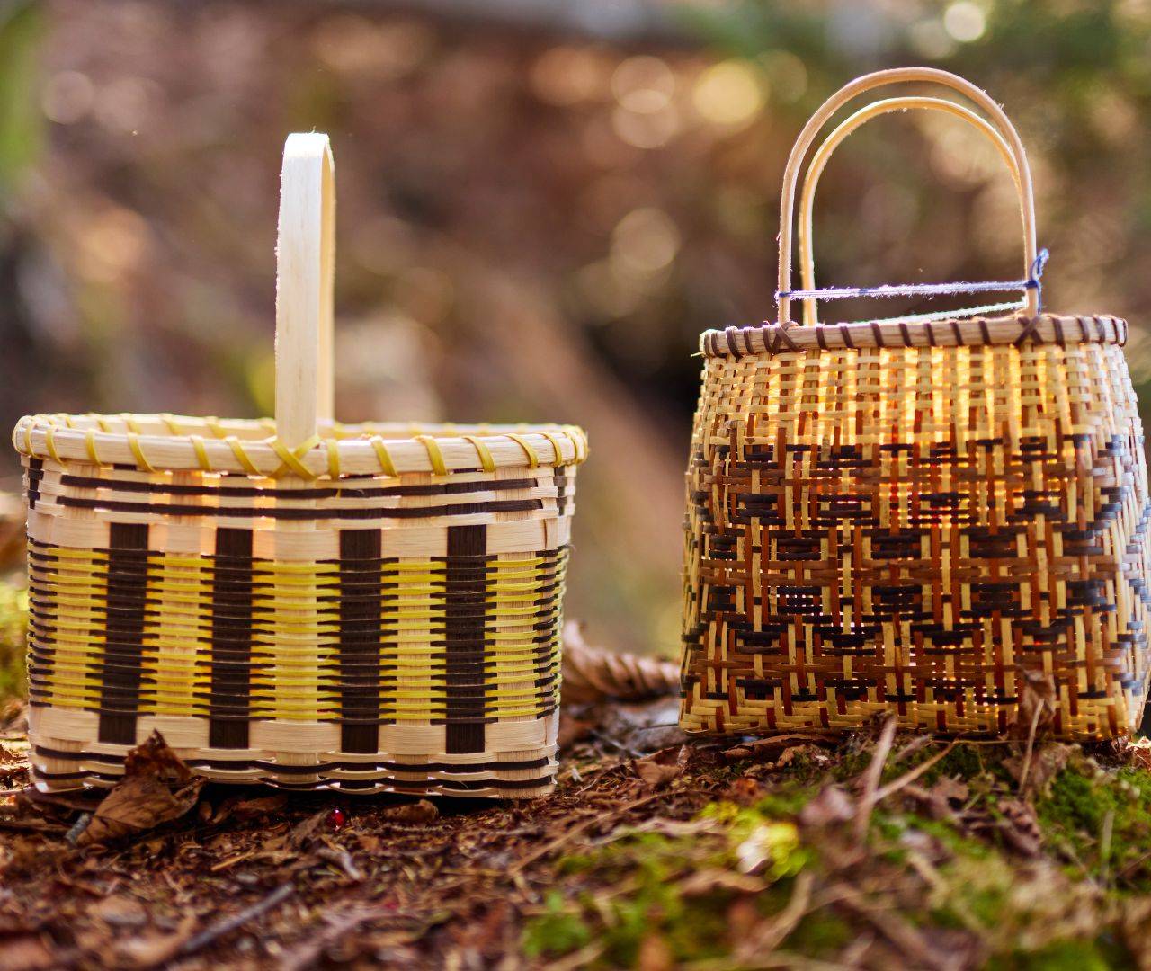 Two handwoven Cherokee baskets on a forest floor, one upright and one tipped over, surrounded by fallen leaves and bathed in soft sunlight.