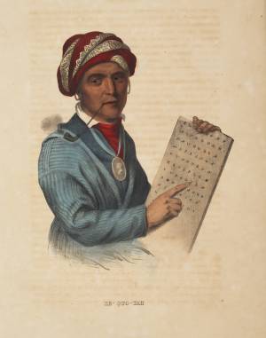 A portrait of a man wearing a traditional red turban and blue striped robe, holding and pointing to a document with grid lines and symbols, captioned "Sequoyah.