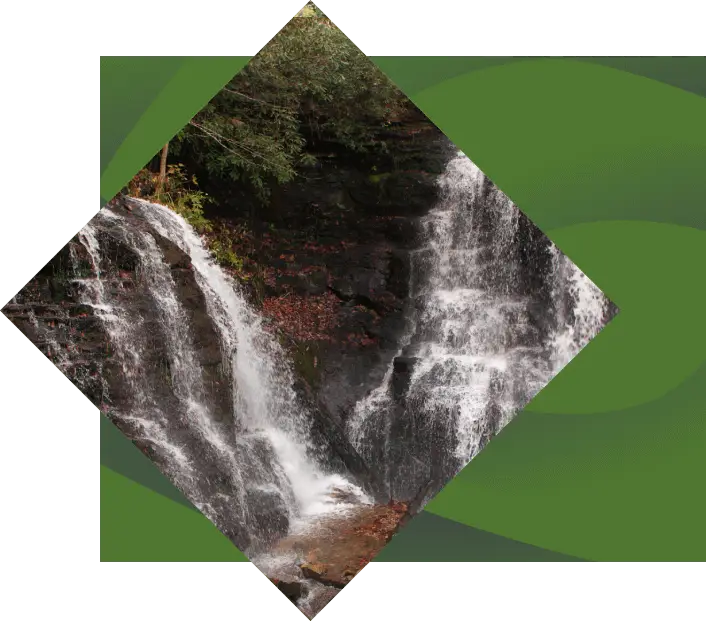 Soco Falls featuring dual waterfalls cascading into a rocky creek, surrounded by lush greenery, with the name "Soco Falls" overlaid at the bottom, showcasing one